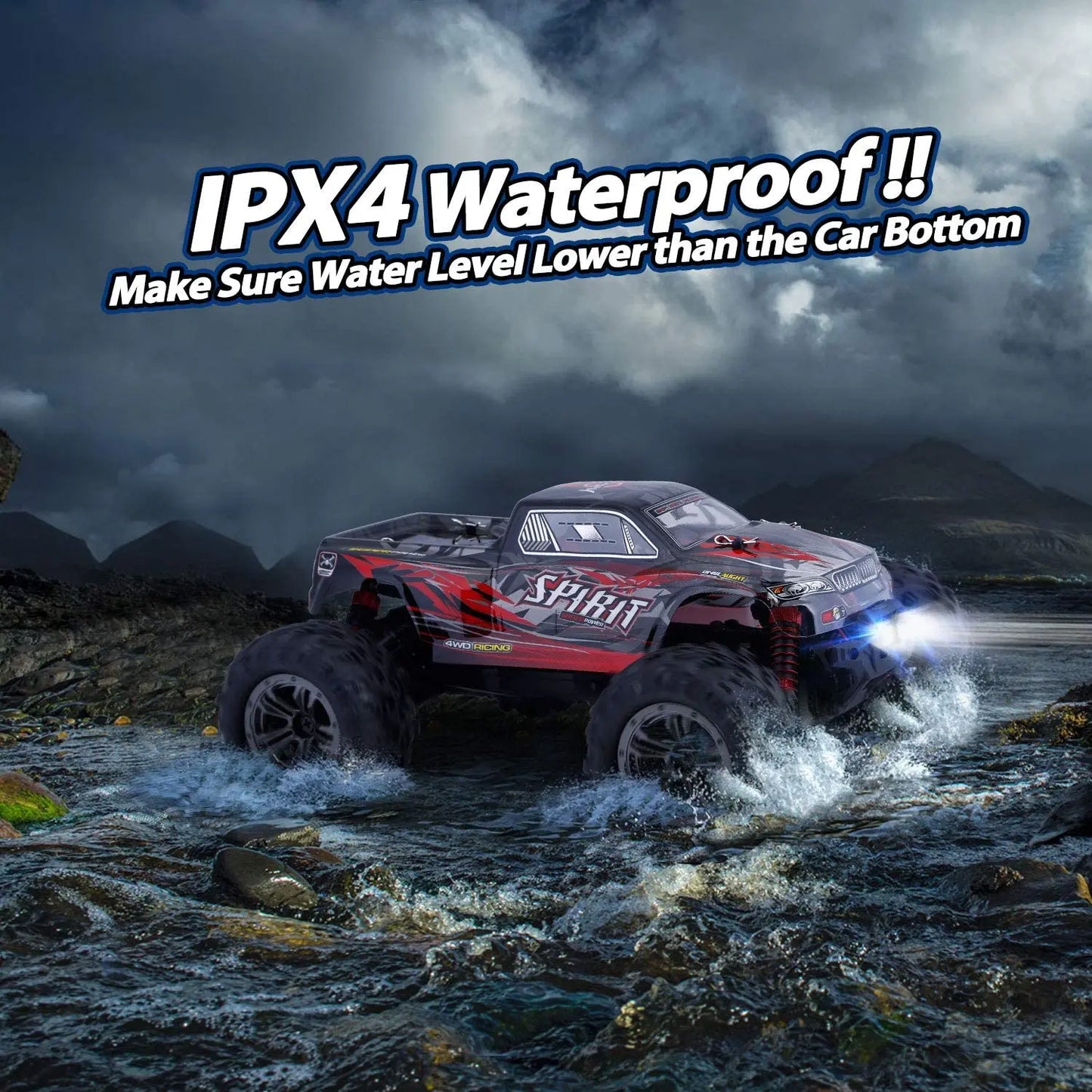 HISTOYE Remote Control Car IPX4 Waterproof Off Road 1:16  Monster Hobby Cross-Country Buggy with Headlights