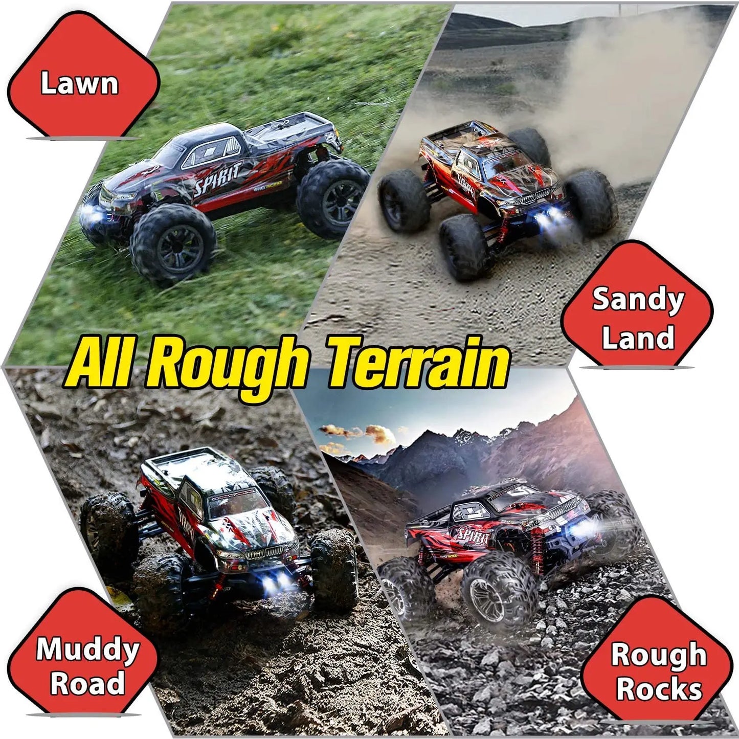 HISTOYE Remote Control Car IPX4 Waterproof Off Road 1:16  Monster Hobby Cross-Country Buggy with Headlights