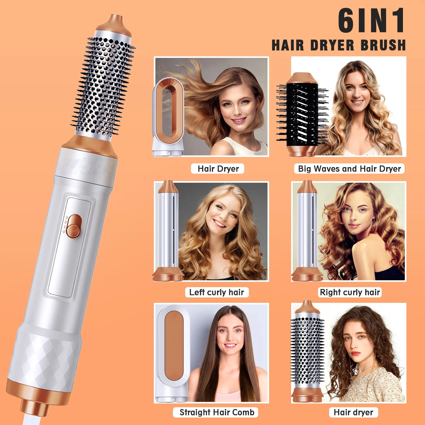 Hair Dryer Brush 6 In 1 Hot Air Styling Brush Electric Hair Heating Brush Air Curling Iron Wand