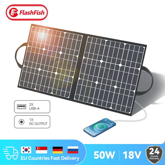 Flashfish Solar Panel 50W Solar Charger Foldable 5V USB 18V DC Solar Cell for Charging Solar Generator Phone