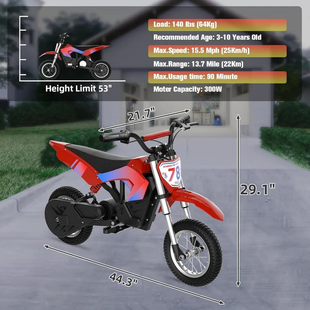 Electric Dirt Bike, Electric Motorcycle for Kids Ages 3-10- Up to 15.5MPH & 13.7 Miles Long-Range, 300W&36V