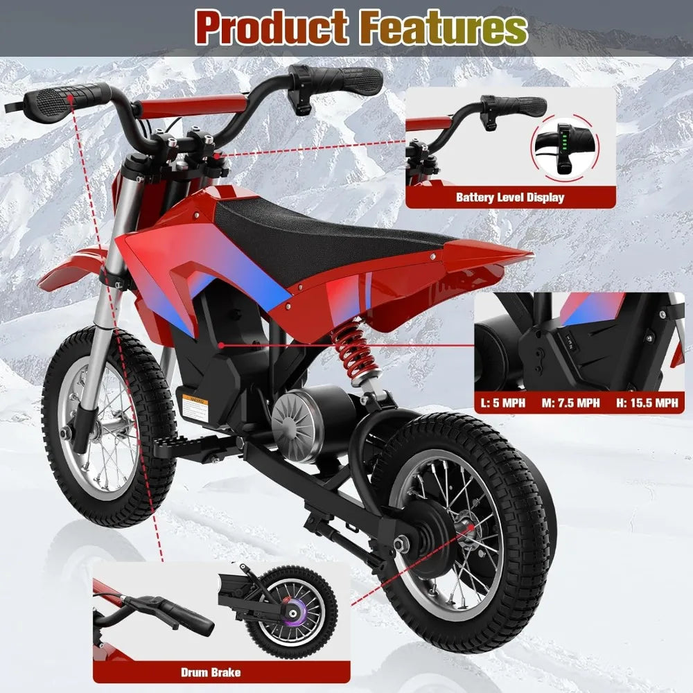 Electric Dirt Bike, Electric Motorcycle for Kids Ages 3-10- Up to 15.5MPH & 13.7 Miles Long-Range, 300W&36V