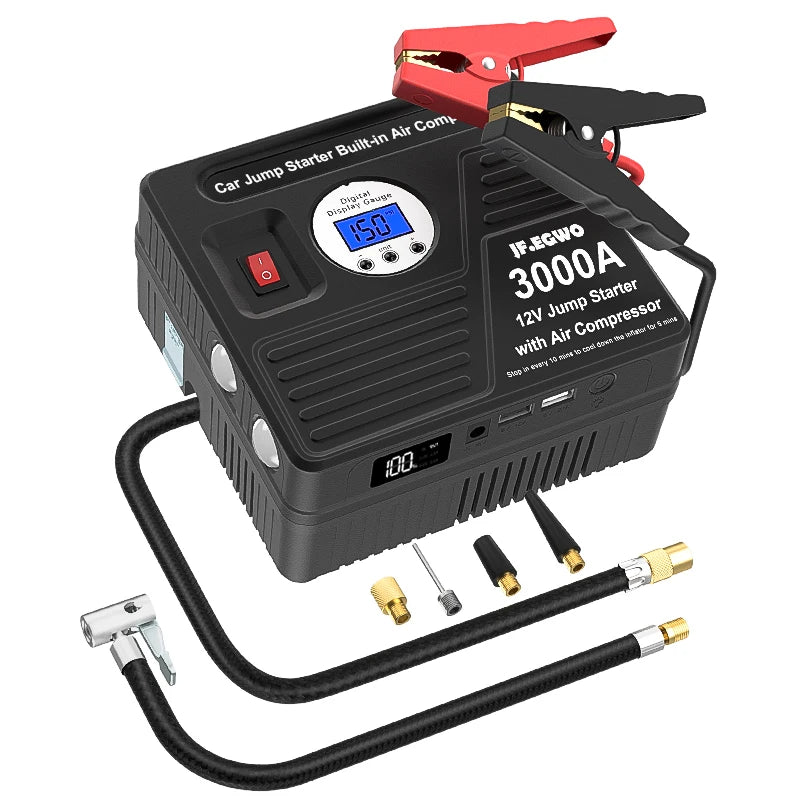 3000A JFEGWO 12V Professional  Jump Starter Power Bank With Air Compressor Pump Battery Booster Starter Device For Car