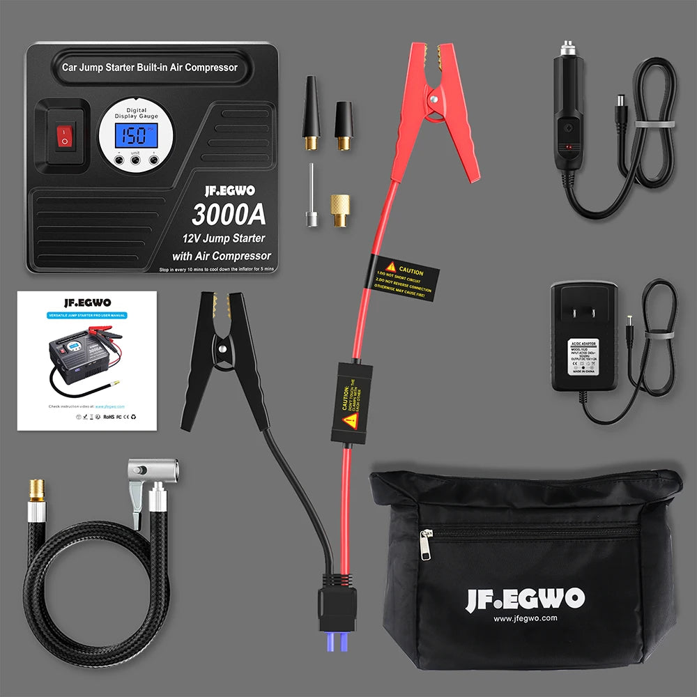 3000A JFEGWO 12V Professional  Jump Starter Power Bank With Air Compressor Pump Battery Booster Starter Device For Car