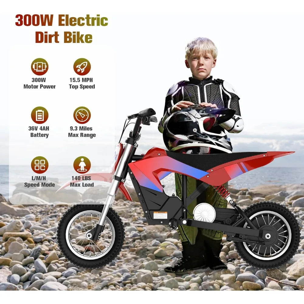 Electric Dirt Bike, Electric Motorcycle for Kids Ages 3-10- Up to 15.5MPH & 13.7 Miles Long-Range, 300W&36V