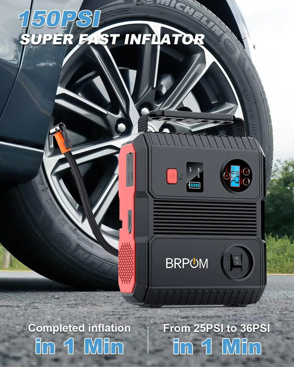 BRPOM Portable Car Jump Starter with Air Compressor, 150PSI 4500A Peak 24000mah